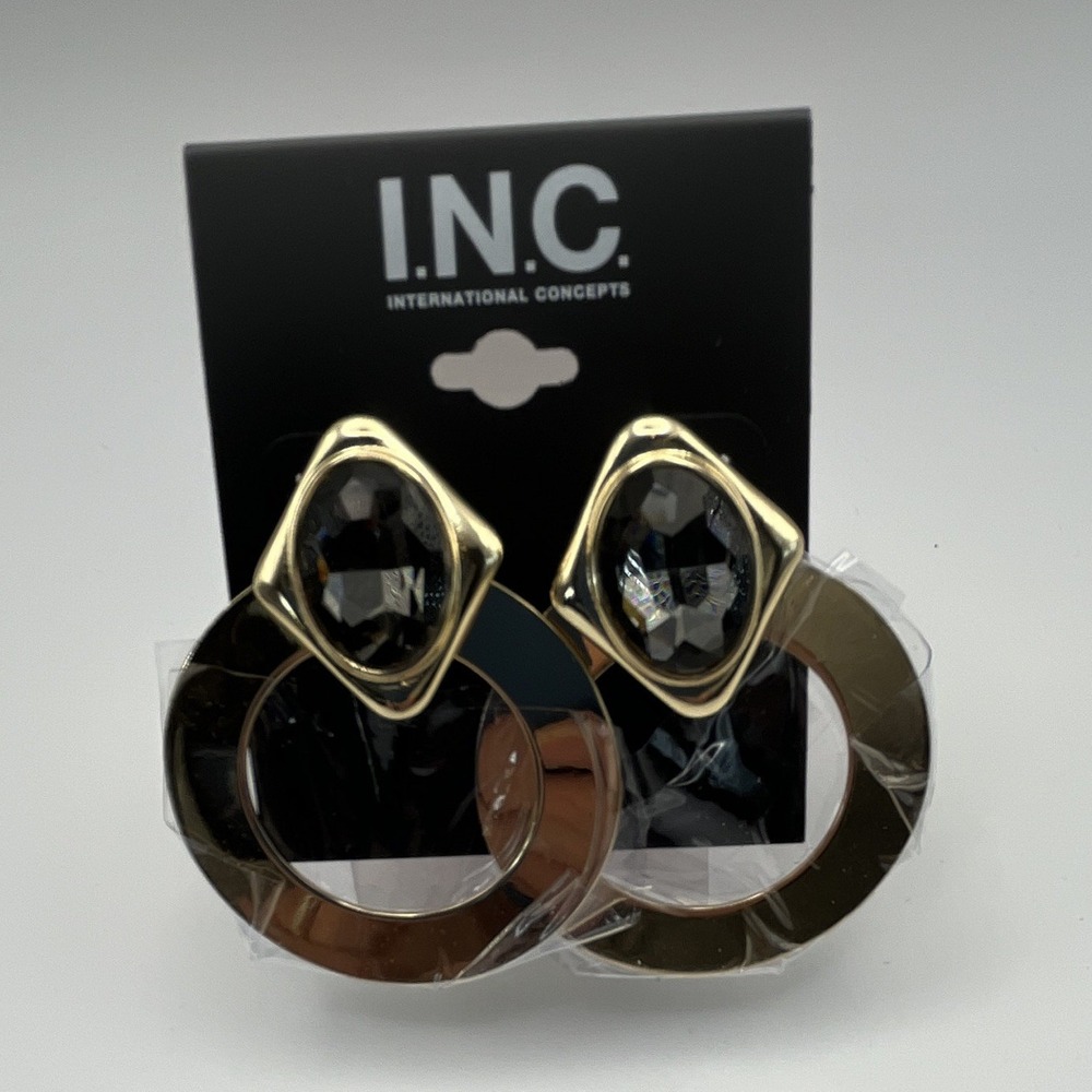 INC International Concepts Gold-Tone with Glass Crystal Hoop Drop Earrings